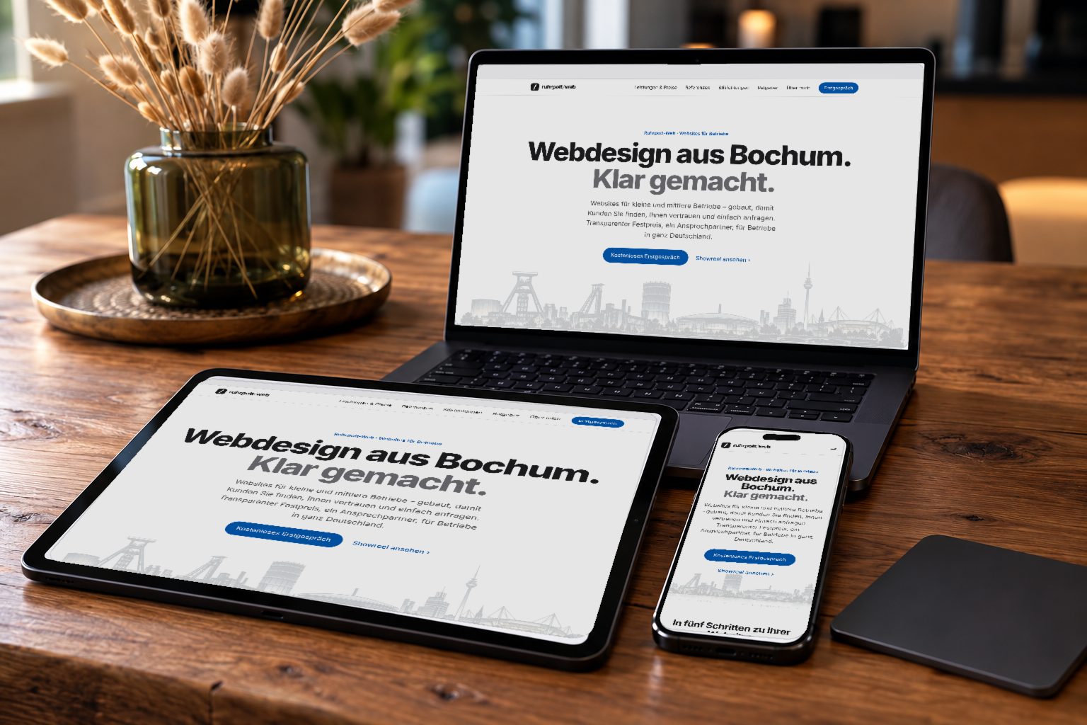 Die Startseite von ruhrpott-web.de auf Laptop, Tablet und Smartphone